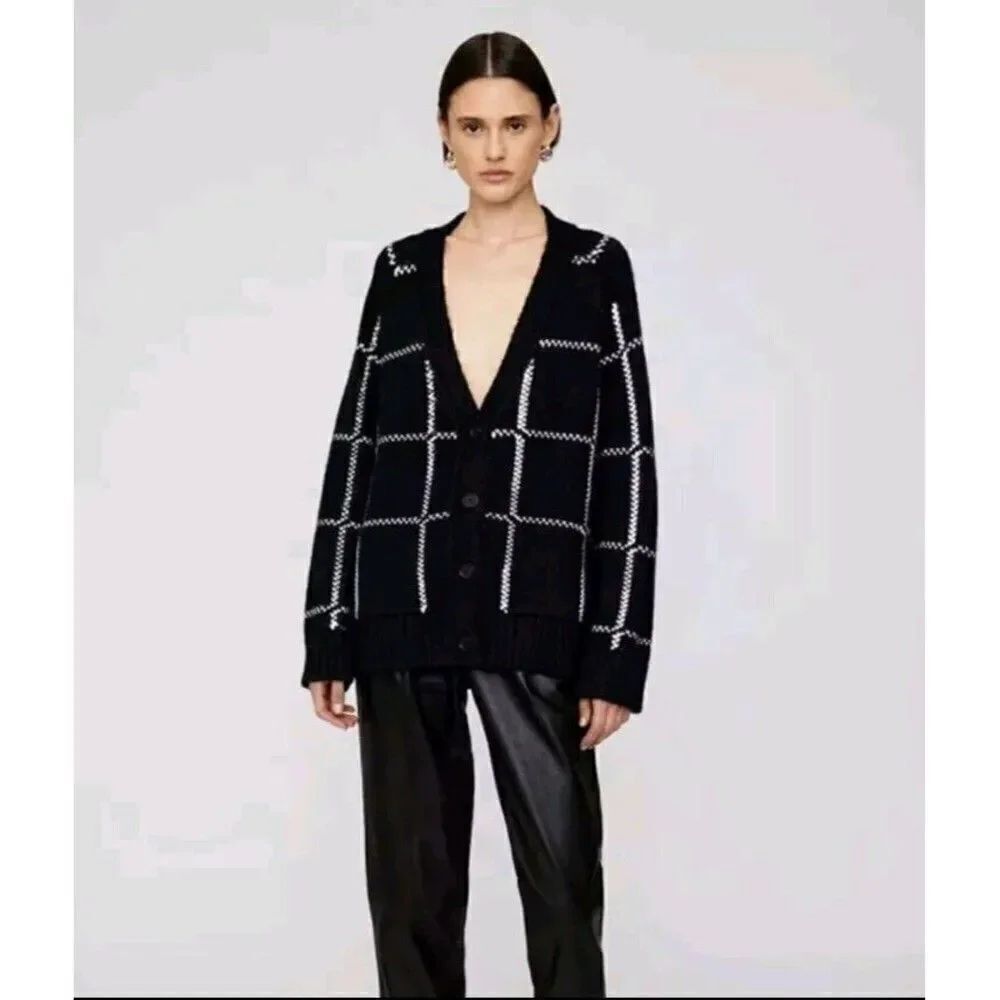 Anine Bing Kurt Black White Plaid Cardigan Merino Wool Blend Size L